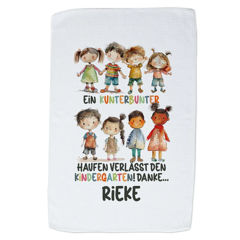 Geschirrtuch mit kunterbunten Kindern - Ein fröhlicher Abschied