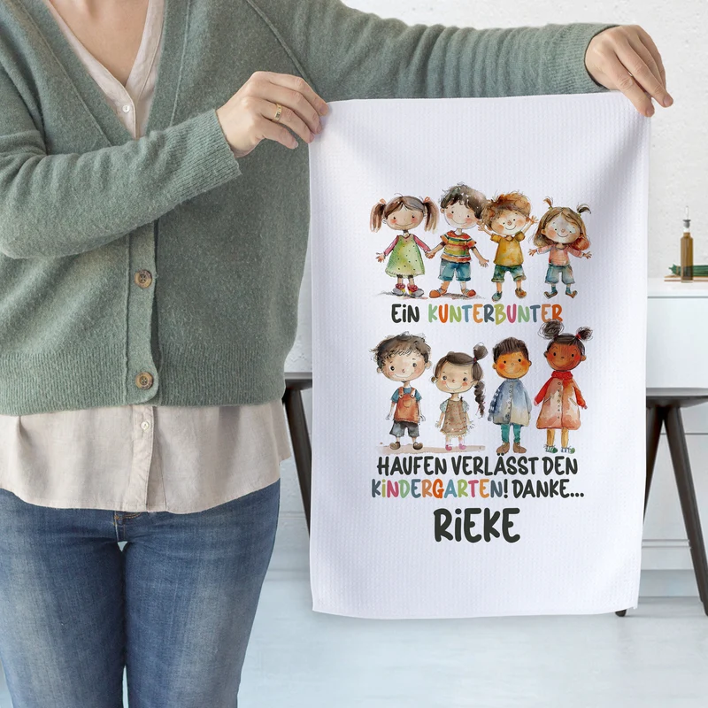 Geschirrtuch mit kunterbunten Kindern - Ein fröhlicher Abschied