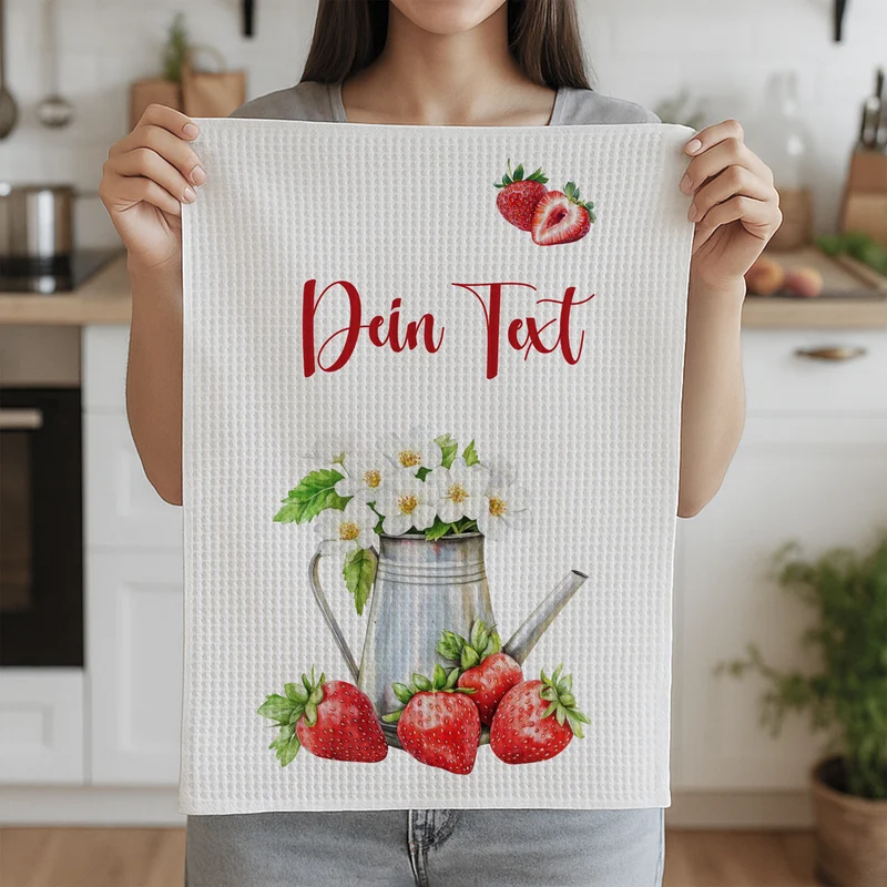 Geschirrtuch mit Erdbeeren und Gießkanne