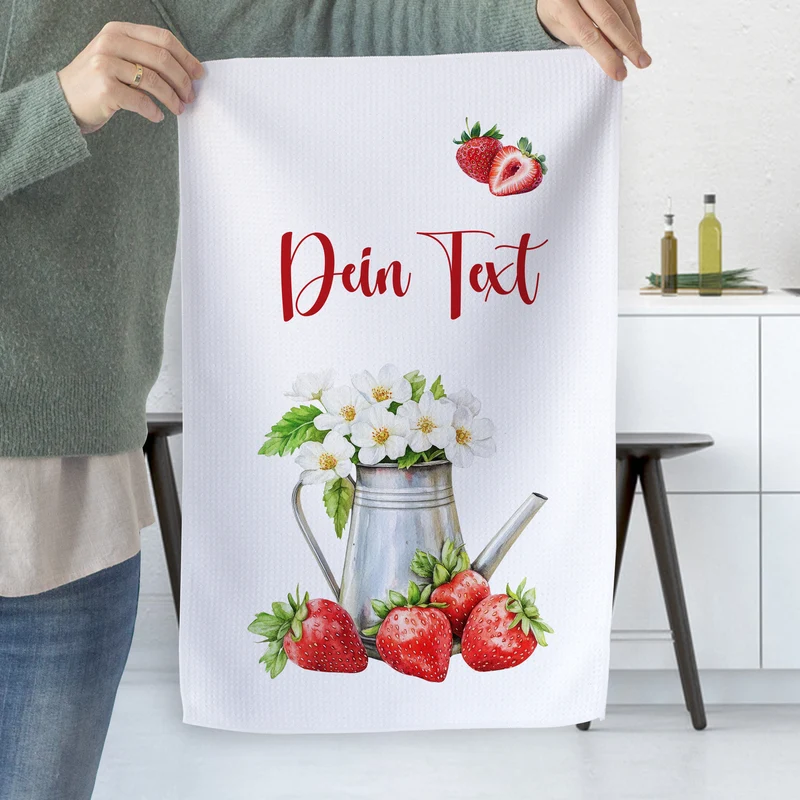 Geschirrtuch mit Erdbeeren und Gießkanne