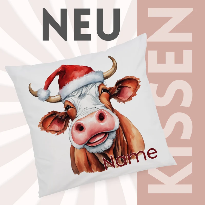 Kissenbezug Kuh mit Weihnachtsmütze