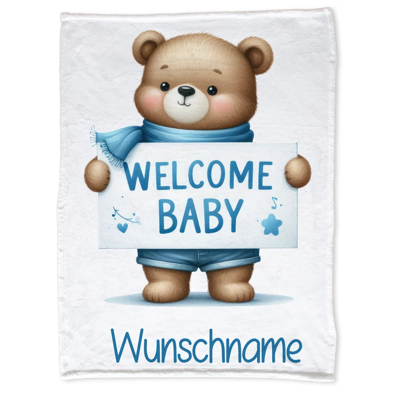 Babydecke Bär mit Willkommensschild in Blau