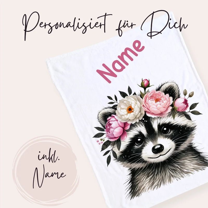 Babydecke Waschbär mit Blumen