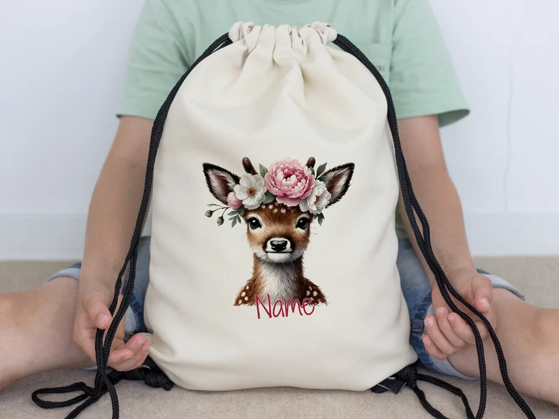 Turnbeutel Reh mit Blumenkranz