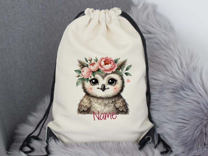 Turnbeutel Eule mit Blumenkranz