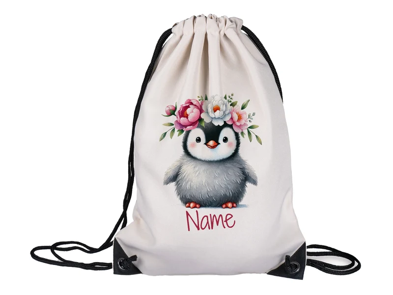 Turnbeutel mit Pinguin und Blumen