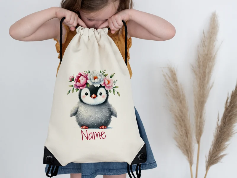 Turnbeutel mit Pinguin und Blumen