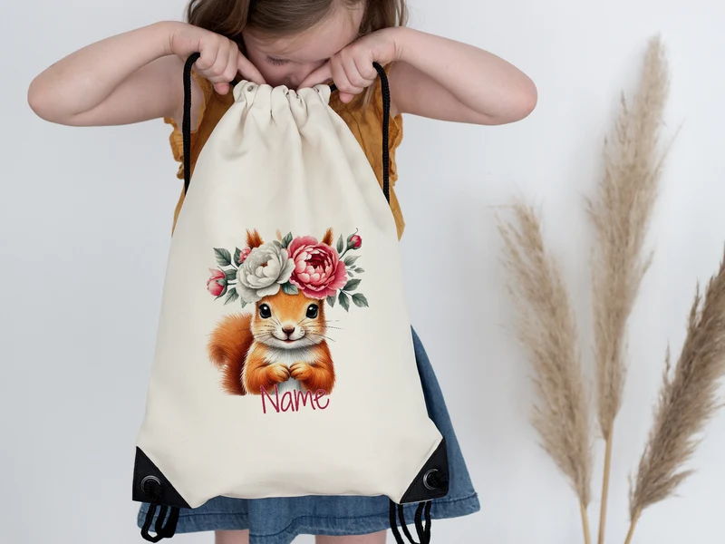Turnbeutel Eichhörnchen mit Blumen