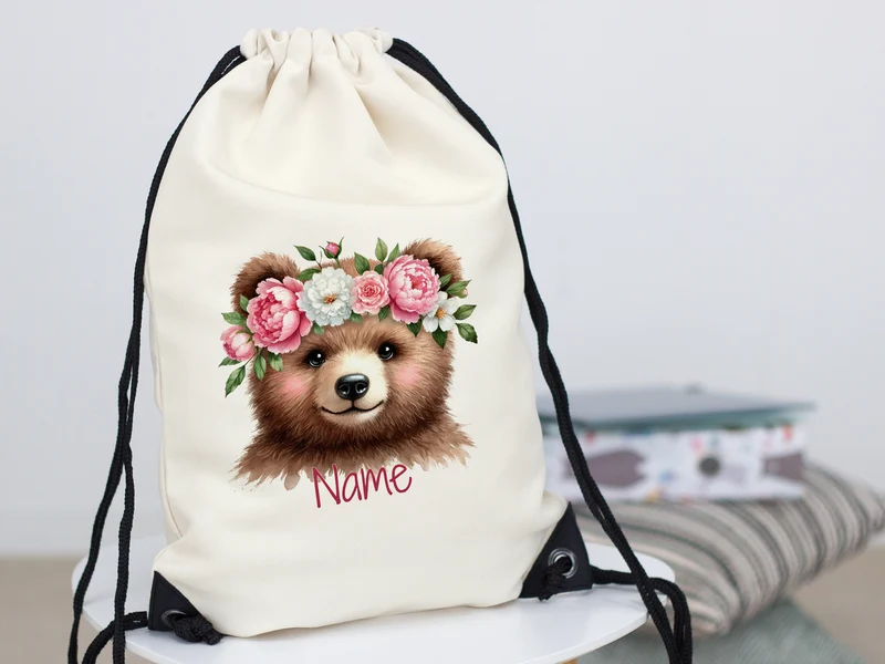 Turnbeutel Bär mit Blumenkranz