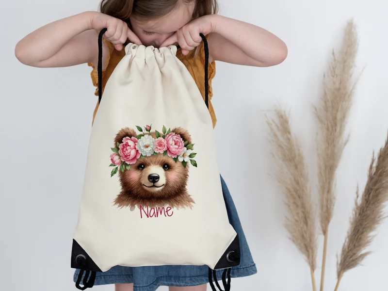 Turnbeutel Bär mit Blumenkranz
