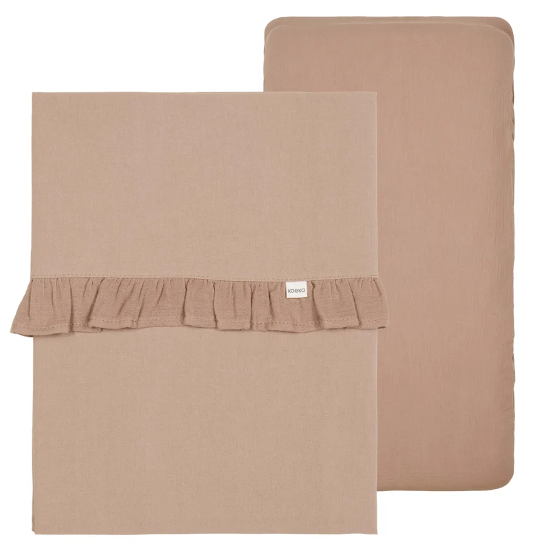Cot sheet and fitted sheet ruffle combi pack Faro caffe