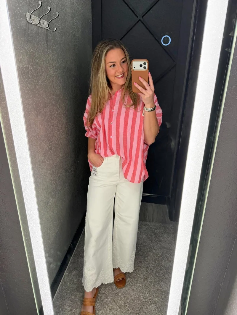red and pink striped top