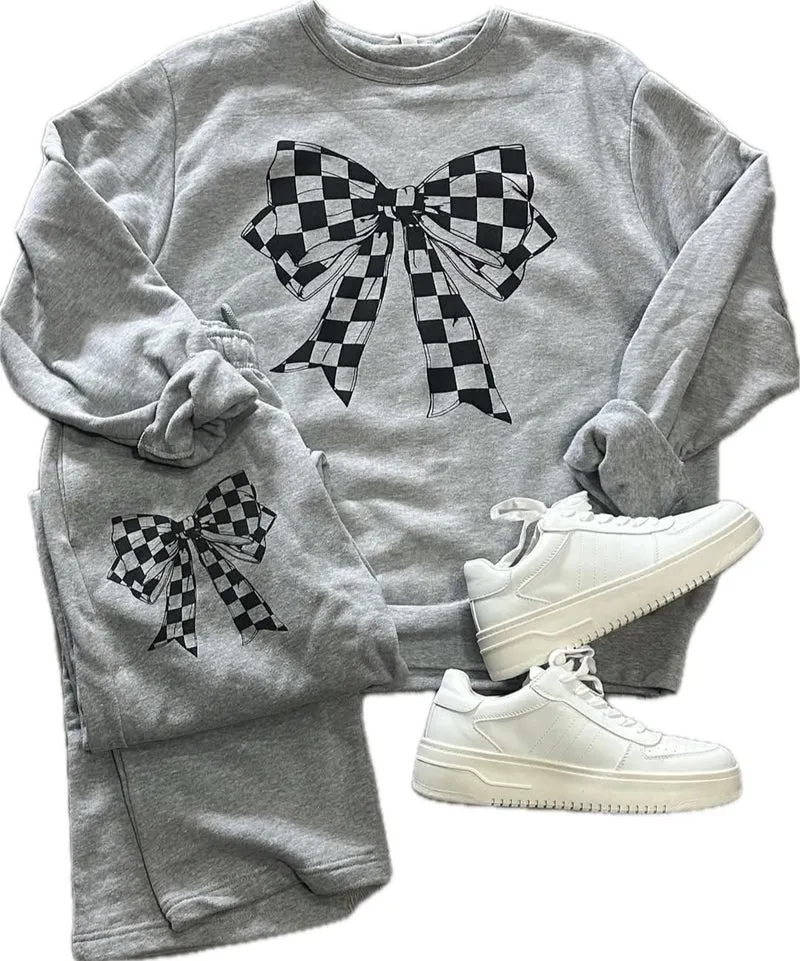 Checkered Bow Sweat Set (Gray)