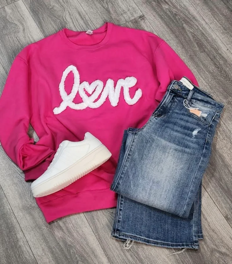Love Chenille Yarn Applique Sweatshirt
