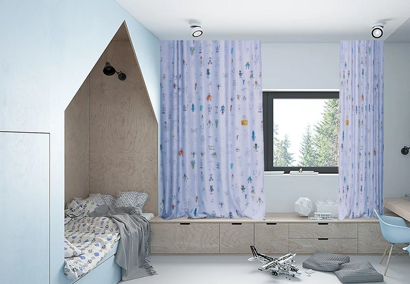 Blackout Curtains "Robot Land" by Kids Artist in Blue Color