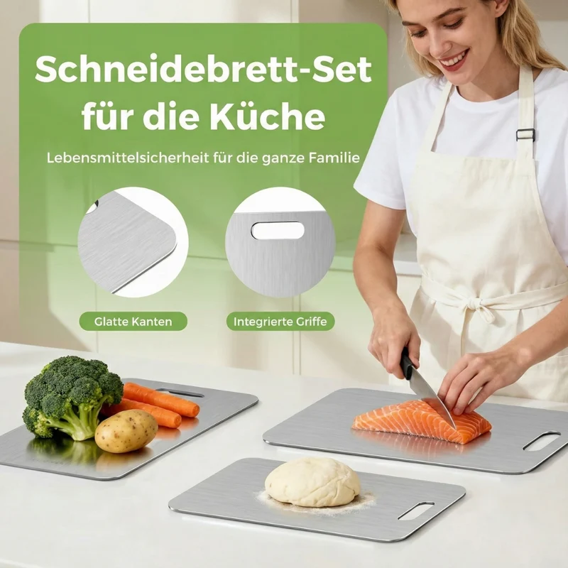 Titan Schneidebrett, Schneidebrett aus 100% Titan für die Küche, Doppelseitige Titanbretter mit getrennten Bereichen für Rohkost und Gekochtes, giftfrei, spülmaschinenfest (S+M+L)