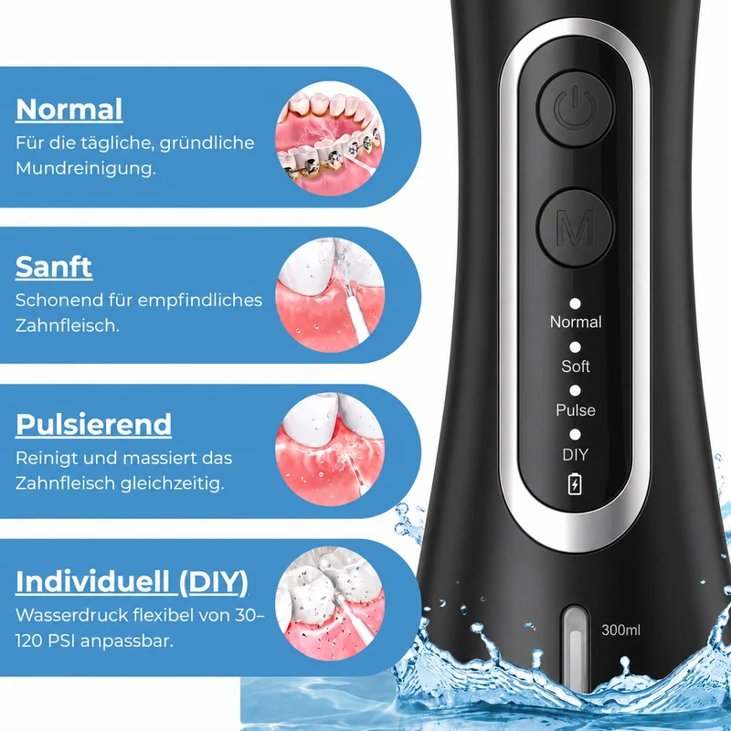 Kabellose Munddusche für effektive Zahn- & Zahnfleischpflege Mit 4 Modi & 4 Aufsätzen, 300 ml Wassertank, 30–120 PSI Wasserdruck und IPX7-Wasserschutz