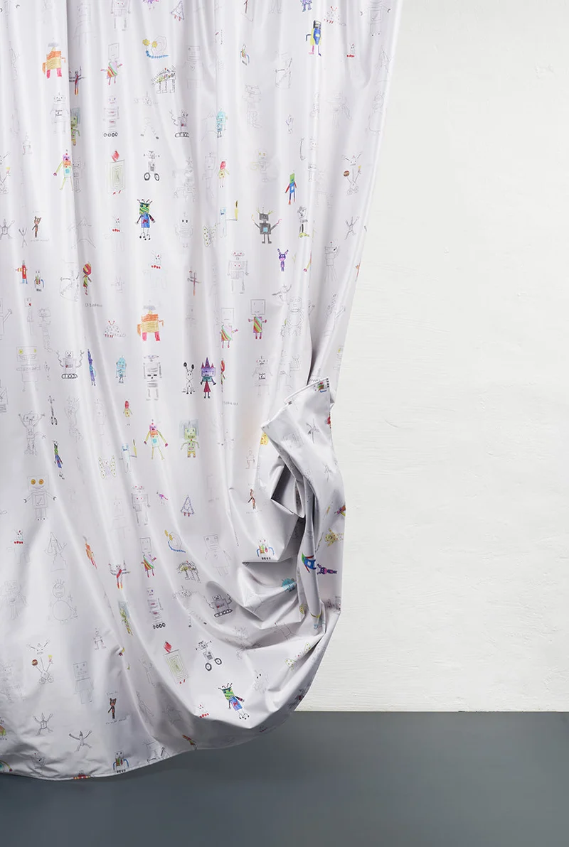 Blackout Curtains "Robot Land" by Kids Artist in Beige Color