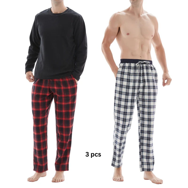 Herren-Pyjama-Set mit Karomuster und Fleece-Oberteil – 3-teiliges Set aus weißer und roter Baumwollhose
