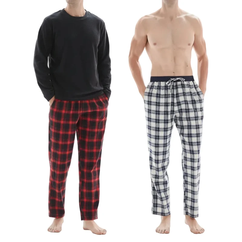 Herren-Pyjama-Set mit Karomuster und Fleece-Oberteil – 3-teiliges Set aus weißer und roter Baumwollhose