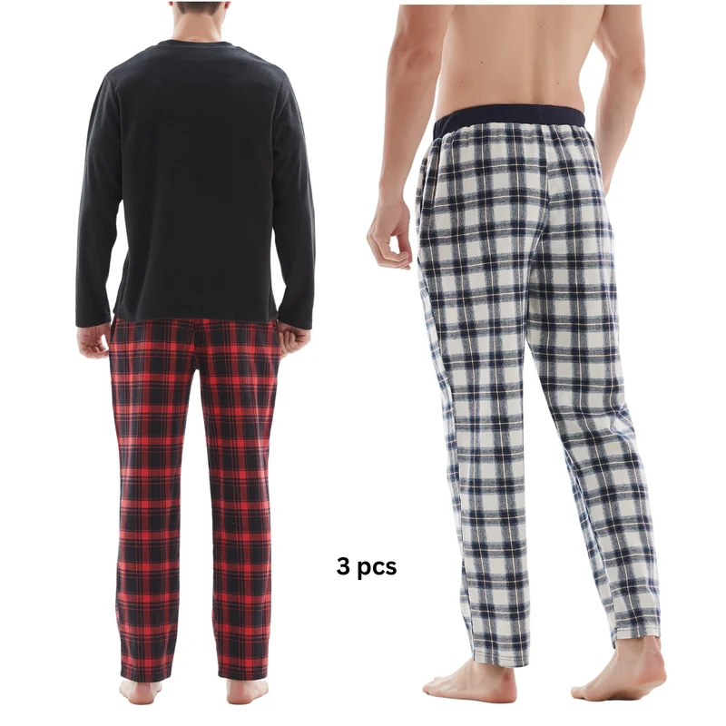 Herren-Pyjama-Set mit Karomuster und Fleece-Oberteil – 3-teiliges Set aus weißer und roter Baumwollhose