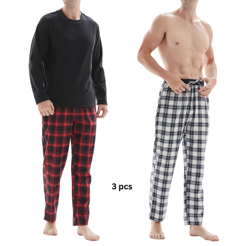 Herren-Pyjama-Set mit Karomuster und Fleece-Oberteil – 3-teiliges Set aus weißer und roter Baumwollhose