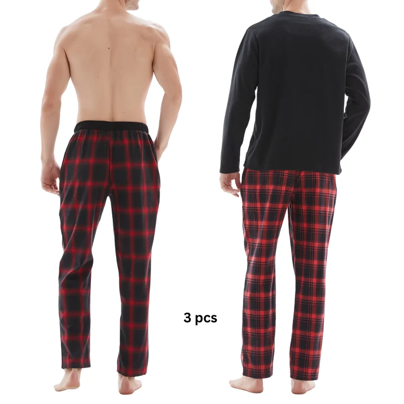 Herren-Pyjama-Set mit Karomuster und Fleece-Oberteil – 3-teiliges Set aus weißer und roter Baumwollhose