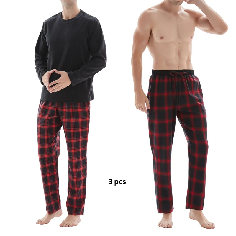Herren-Pyjama-Set mit Karomuster und Fleece-Oberteil – 3-teiliges Set aus weißer und roter Baumwollhose