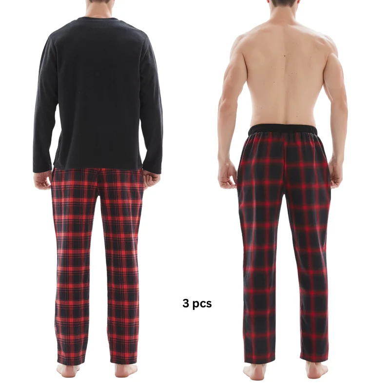 Herren-Pyjama-Set mit Karomuster und Fleece-Oberteil – 3-teiliges Set aus weißer und roter Baumwollhose