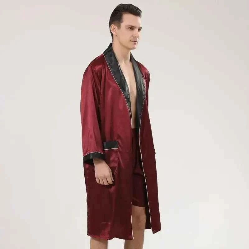 Satin-Bademantel-Set für Herren, langärmelig, 2-teilig, bestehend aus Bademantel und Shorts, seidiges Schlafset
