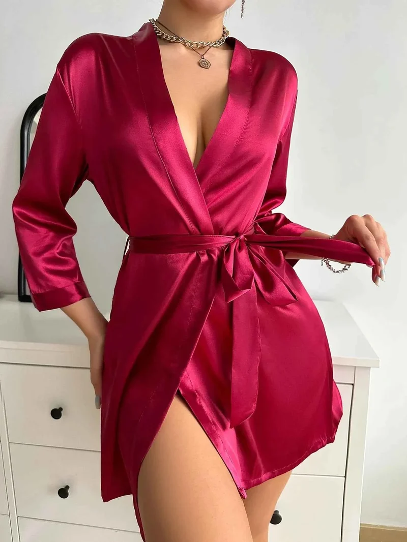 Eleganter Satin-Nachtmantel für Damen – Luxuriöses, langärmeliges Nachthemd mit V-Ausschnitt und Gürtel