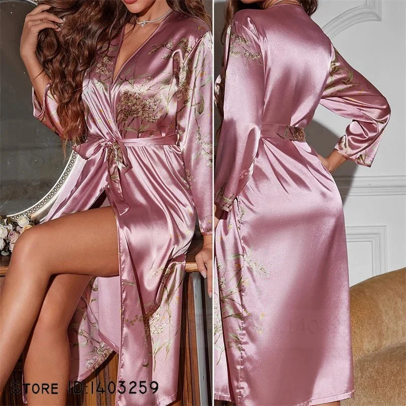 Satin-Bademantel-Set für Damen: Sexy bedruckter Kirsch-Satin-Bademantel, Nachthemd, 4-teilige Loungewear
