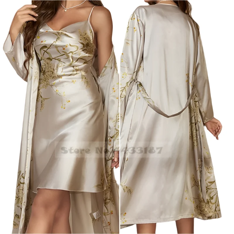 Satin-Bademantel-Set für Damen: Sexy bedruckter Kirsch-Satin-Bademantel, Nachthemd, 4-teilige Loungewear