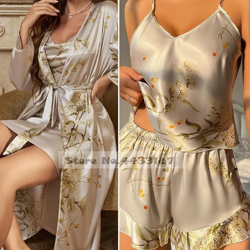 Satin-Bademantel-Set für Damen: Sexy bedruckter Kirsch-Satin-Bademantel, Nachthemd, 4-teilige Loungewear