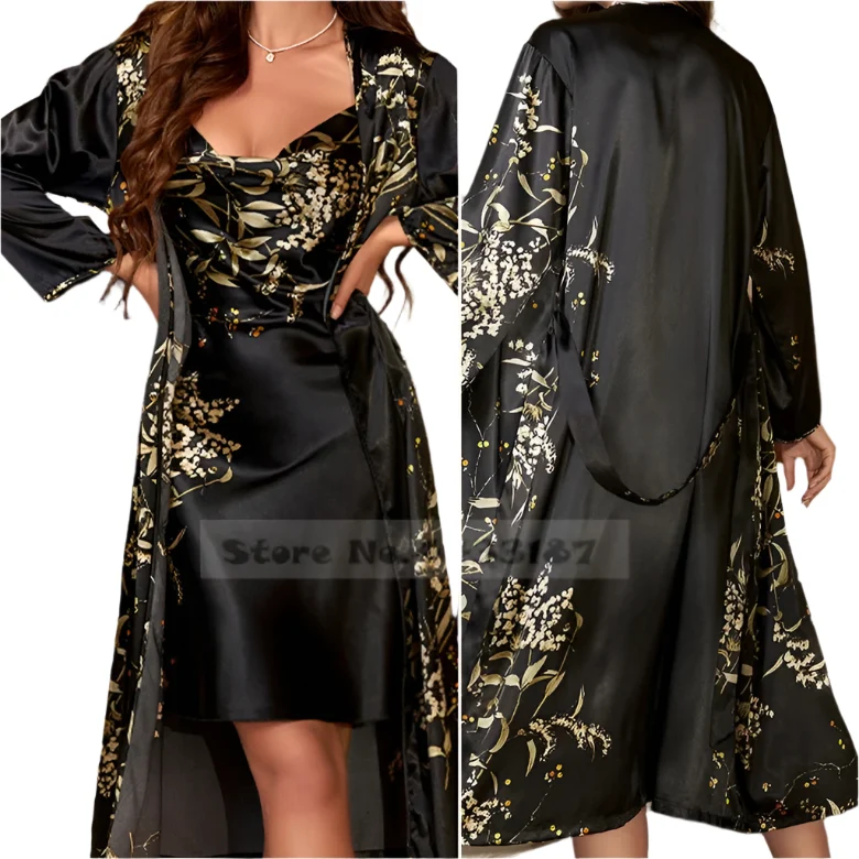 Satin-Bademantel-Set für Damen: Sexy bedruckter Kirsch-Satin-Bademantel, Nachthemd, 4-teilige Loungewear