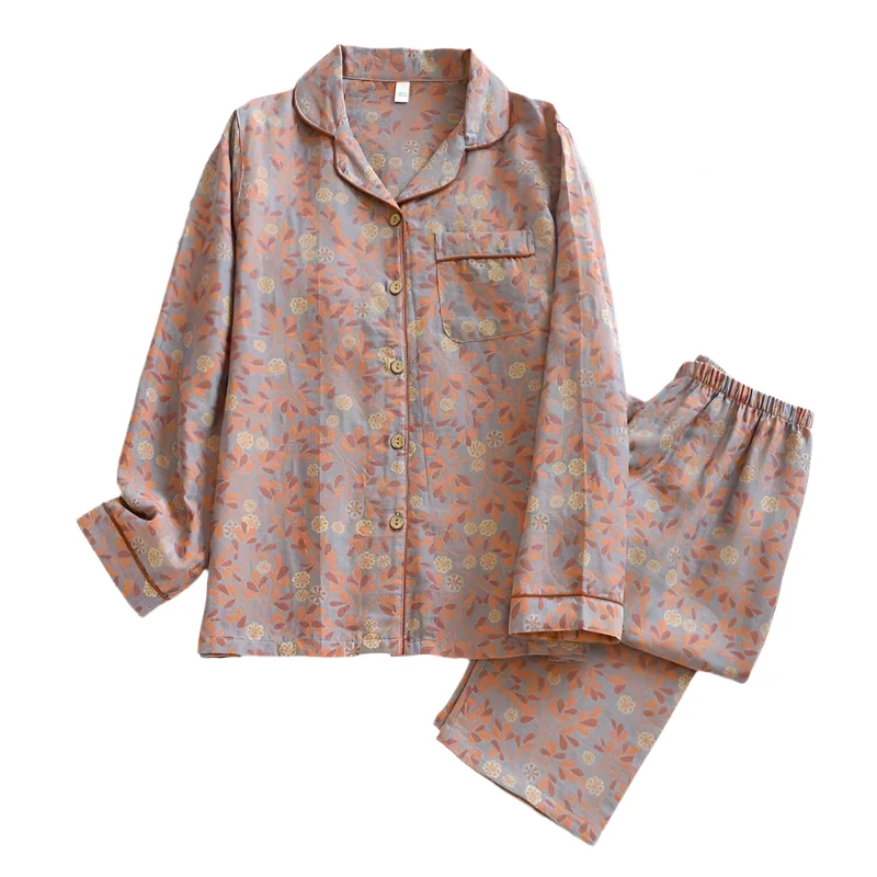 Damenpyjama-Set aus 100 % Baumwolle – Langärmeliges, garngefärbtes Jacquard-Set, 2-teilig