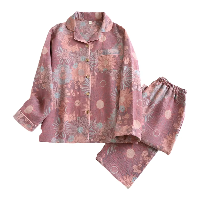 Damenpyjama-Set aus 100 % Baumwolle – Langärmeliges, garngefärbtes Jacquard-Set, 2-teilig