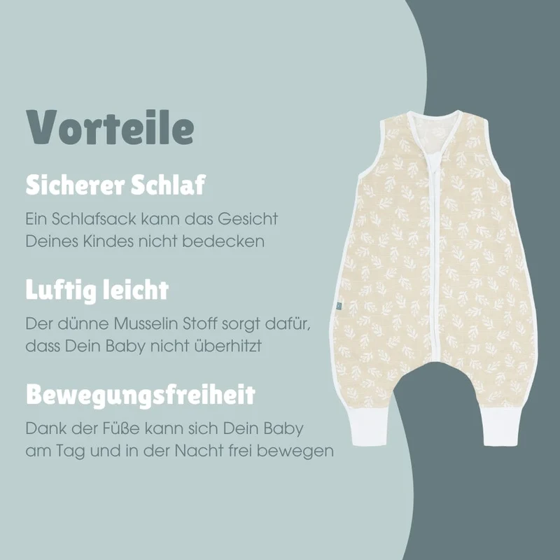 Musselin Schlafsack mit Füßen 0.5 TOG | Floral Sand
