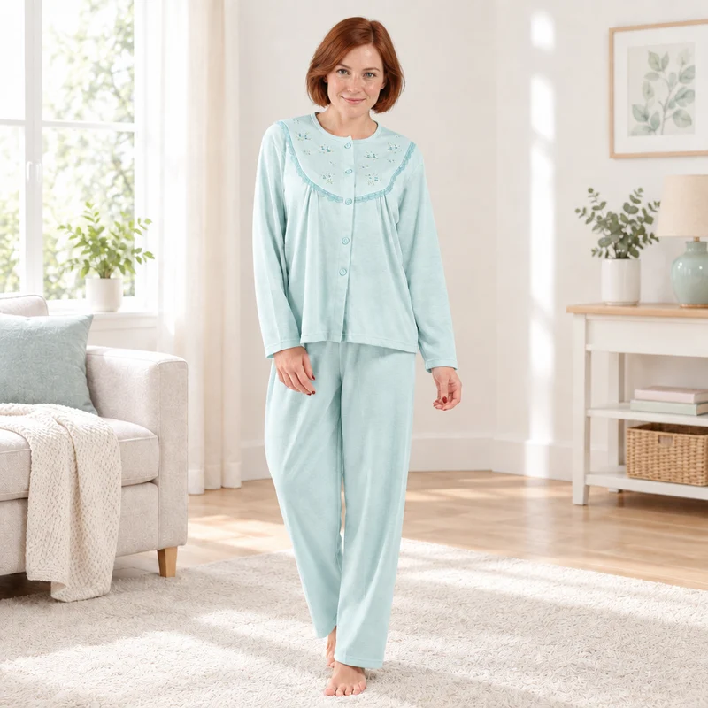 Damen-Pyjama-Set aus gebürstetem Stoff mit Blumenstickerei, Rosa & Türkis