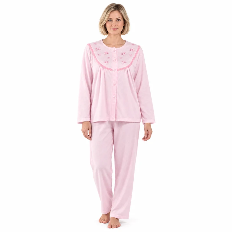 Damen-Pyjama-Set aus gebürstetem Stoff mit Blumenstickerei, Rosa & Türkis