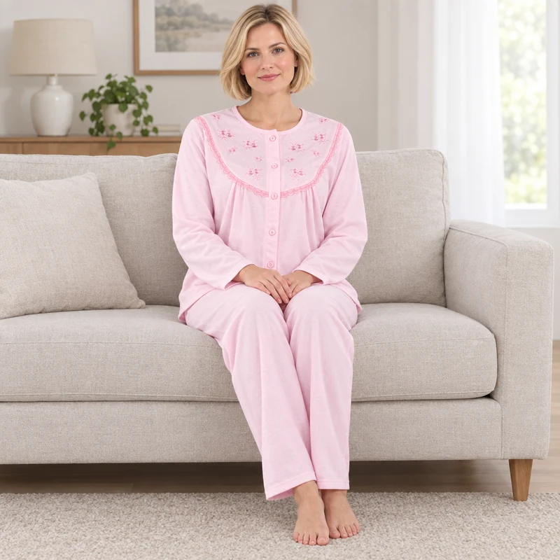 Damen-Pyjama-Set aus gebürstetem Stoff mit Blumenstickerei, Rosa & Türkis