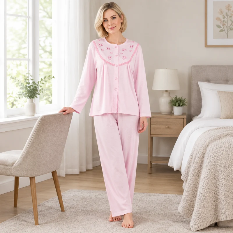 Damen-Pyjama-Set aus gebürstetem Stoff mit Blumenstickerei, Rosa & Türkis