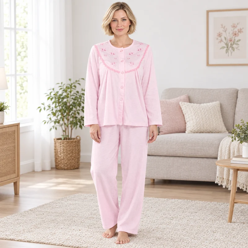 Damen-Pyjama-Set aus gebürstetem Stoff mit Blumenstickerei, Rosa & Türkis