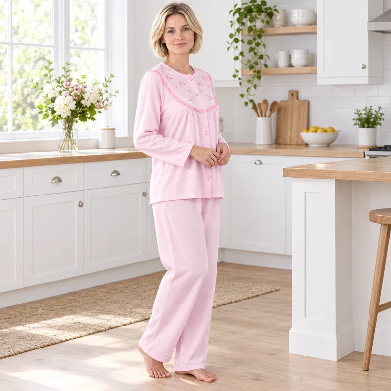 Damen-Pyjama-Set aus gebürstetem Stoff mit Blumenstickerei, Rosa & Türkis