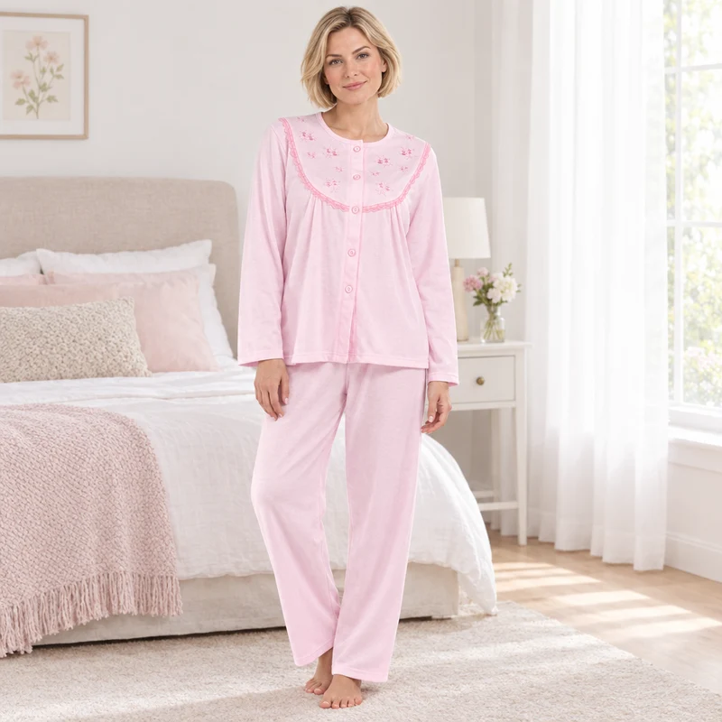 Damen-Pyjama-Set aus gebürstetem Stoff mit Blumenstickerei, Rosa & Türkis
