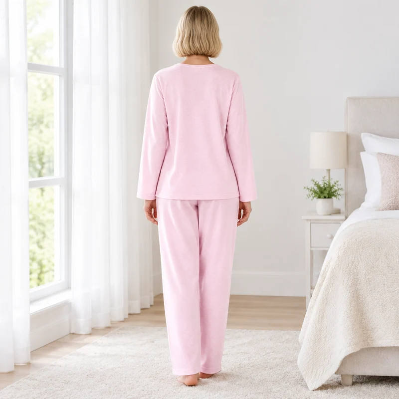 Damen-Pyjama-Set aus gebürstetem Stoff mit Blumenstickerei, Rosa & Türkis