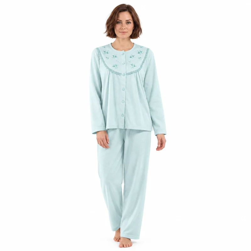 Damen-Pyjama-Set aus gebürstetem Stoff mit Blumenstickerei, Rosa & Türkis