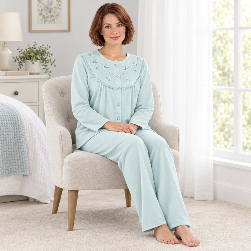 Damen-Pyjama-Set aus gebürstetem Stoff mit Blumenstickerei, Rosa & Türkis