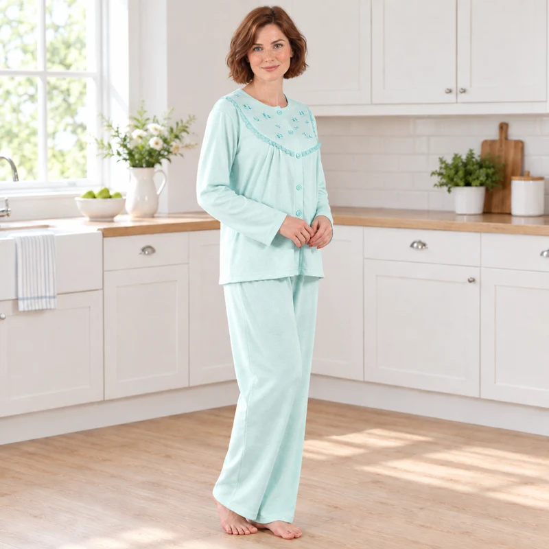 Damen-Pyjama-Set aus gebürstetem Stoff mit Blumenstickerei, Rosa & Türkis