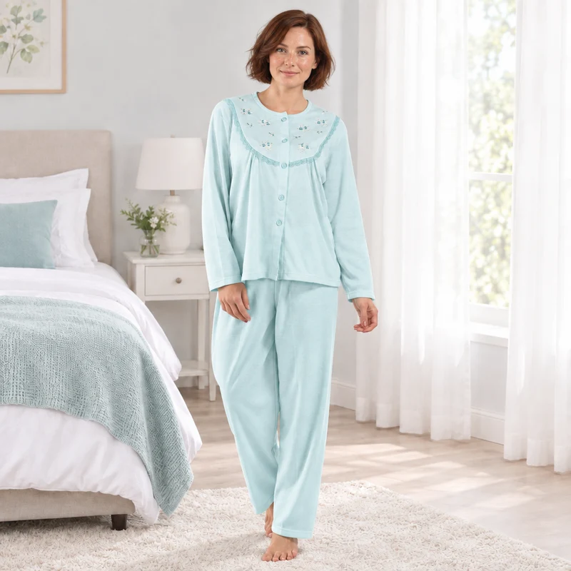 Damen-Pyjama-Set aus gebürstetem Stoff mit Blumenstickerei, Rosa & Türkis